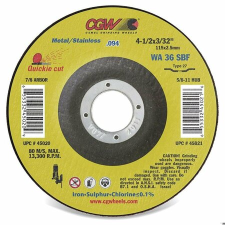 CGW ABRASIVES Flat Depressed Center Wheel, 4-1/2 in Dia x 3/32 in THK, 7/8 in Center Hole, 36 Grit, White Aluminum 45020